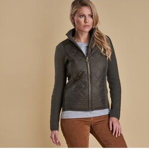 Barbour Sporting Zip Knit Jacket Olive Green Mixed Media Quilted Size 8
